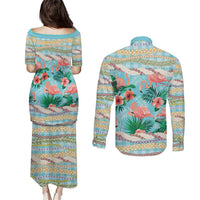 Flamingo Hawaii Summer Couples Matching Puletasi and Long Sleeve Button Shirt Hawaiian Lei Pakala Motifs Tropical Style