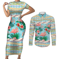 Flamingo Hawaii Summer Couples Matching Short Sleeve Bodycon Dress and Long Sleeve Button Shirt Hawaiian Lei Pakala Motifs Tropical Style LT14 Cyan - Polynesian Pride