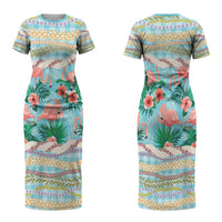 Flamingo Hawaii Summer Couples Matching Short Sleeve Bodycon Dress and Long Sleeve Button Shirt Hawaiian Lei Pakala Motifs Tropical Style LT14 - Polynesian Pride