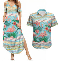 Flamingo Hawaii Summer Couples Matching Summer Maxi Dress and Hawaiian Shirt Hawaiian Lei Pakala Motifs Tropical Style LT14 Cyan - Polynesian Pride
