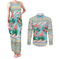 Flamingo Hawaii Summer Couples Matching Tank Maxi Dress and Long Sleeve Button Shirt Hawaiian Lei Pakala Motifs Tropical Style LT14 Cyan - Polynesian Pride