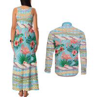 Flamingo Hawaii Summer Couples Matching Tank Maxi Dress and Long Sleeve Button Shirt Hawaiian Lei Pakala Motifs Tropical Style LT14 - Polynesian Pride