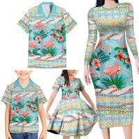 Flamingo Hawaii Summer Family Matching Long Sleeve Bodycon Dress and Hawaiian Shirt Hawaiian Lei Pakala Motifs Tropical Style LT14 - Polynesian Pride