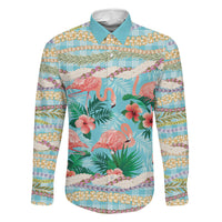 Flamingo Hawaii Summer Family Matching Long Sleeve Bodycon Dress and Hawaiian Shirt Hawaiian Lei Pakala Motifs Tropical Style LT14 Daughter's Dress Cyan - Polynesian Pride