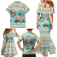 Flamingo Hawaii Summer Family Matching Mermaid Dress and Hawaiian Shirt Hawaiian Lei Pakala Motifs Tropical Style LT14 Mom's Dress Cyan - Polynesian Pride