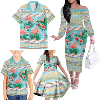 Flamingo Hawaii Summer Family Matching Off The Shoulder Long Sleeve Dress and Hawaiian Shirt Hawaiian Lei Pakala Motifs Tropical Style LT14 - Polynesian Pride