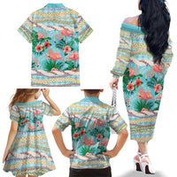 Flamingo Hawaii Summer Family Matching Off The Shoulder Long Sleeve Dress and Hawaiian Shirt Hawaiian Lei Pakala Motifs Tropical Style LT14 Mom's Dress Cyan - Polynesian Pride