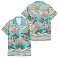 Flamingo Hawaii Summer Family Matching Off The Shoulder Long Sleeve Dress and Hawaiian Shirt Hawaiian Lei Pakala Motifs Tropical Style LT14 Dad's Shirt - Short Sleeve Cyan - Polynesian Pride