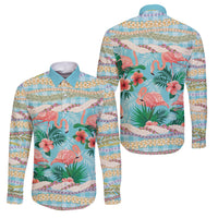 Flamingo Hawaii Summer Family Matching Off The Shoulder Long Sleeve Dress and Hawaiian Shirt Hawaiian Lei Pakala Motifs Tropical Style LT14 Dad's Shirt - Long Sleeve Cyan - Polynesian Pride