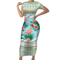 Flamingo Hawaii Summer Family Matching Short Sleeve Bodycon Dress and Hawaiian Shirt Hawaiian Lei Pakala Motifs Tropical Style LT14 Mom's Dress Cyan - Polynesian Pride