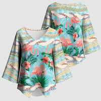 Flamingo Hawaii Summer Kimono Sleeve Blouse Hawaiian Lei Pakala Motifs Tropical Style