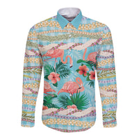 Flamingo Hawaii Summer Long Sleeve Button Shirt Hawaiian Lei Pakala Motifs Tropical Style LT14 Unisex Cyan - Polynesian Pride