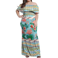 Flamingo Hawaii Summer Off Shoulder Maxi Dress Hawaiian Lei Pakala Motifs Tropical Style LT14 Women Cyan - Polynesian Pride