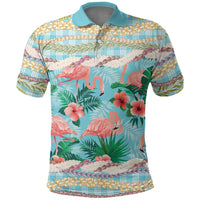 Flamingo Hawaii Summer Polo Shirt Hawaiian Lei Pakala Motifs Tropical Style LT14 Cyan - Polynesian Pride