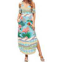 Flamingo Hawaii Summer Summer Maxi Dress Hawaiian Lei Pakala Motifs Tropical Style LT14 Women Cyan - Polynesian Pride