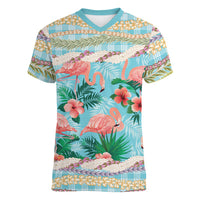 Flamingo Hawaii Summer Women V-Neck T-Shirt Hawaiian Lei Pakala Motifs Tropical Style
