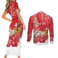New Zealand Christmas In July Personalised Couples Matching Short Sleeve Bodycon Dress and Long Sleeve Button Shirt Funny Santa Sheep Meri Kirihimete Red LT14 - Polynesian Pride