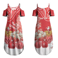 New Zealand Christmas In July Personalised Couples Matching Summer Maxi Dress and Long Sleeve Button Shirt Funny Santa Sheep Meri Kirihimete Red LT14 - Polynesian Pride