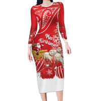 New Zealand Christmas In July Personalised Long Sleeve Bodycon Dress Funny Santa Sheep Meri Kirihimete Red LT14 Long Dress Red - Polynesian Pride