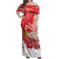 New Zealand Christmas In July Personalised Off Shoulder Maxi Dress Funny Santa Sheep Meri Kirihimete Red LT14 Women Red - Polynesian Pride