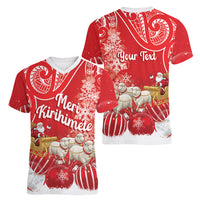 New Zealand Christmas In July Personalised Women V-Neck T-Shirt Funny Santa Sheep Meri Kirihimete Red LT14 - Polynesian Pride