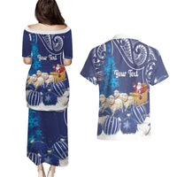 New Zealand Christmas In July Personalised Couples Matching Puletasi and Hawaiian Shirt Funny Santa Sheep Meri Kirihimete Blue LT14 - Polynesian Pride