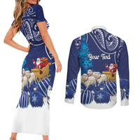 New Zealand Christmas In July Personalised Couples Matching Short Sleeve Bodycon Dress and Long Sleeve Button Shirt Funny Santa Sheep Meri Kirihimete Blue LT14 - Polynesian Pride