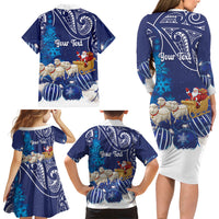 New Zealand Christmas In July Personalised Family Matching Long Sleeve Bodycon Dress and Hawaiian Shirt Funny Santa Sheep Meri Kirihimete Blue LT14 - Polynesian Pride