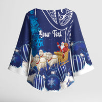 New Zealand Christmas In July Personalised Kimono Sleeve Blouse Funny Santa Sheep Meri Kirihimete Blue LT14 - Polynesian Pride