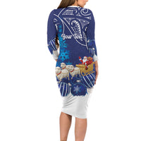 New Zealand Christmas In July Personalised Long Sleeve Bodycon Dress Funny Santa Sheep Meri Kirihimete Blue LT14 - Polynesian Pride