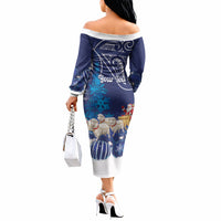 New Zealand Christmas In July Personalised Off The Shoulder Long Sleeve Dress Funny Santa Sheep Meri Kirihimete Blue LT14 - Polynesian Pride