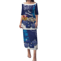 New Zealand Christmas In July Personalised Puletasi Funny Santa Sheep Meri Kirihimete Blue LT14 Long Dress Blue - Polynesian Pride