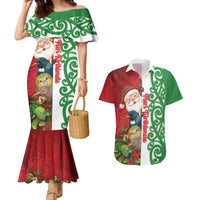 Meri Kirihimete New Zealand Personalised Couples Matching Mermaid Dress and Hawaiian Shirt Cute Santa NZ Animals and Pohutukawa LT14 Red - Polynesian Pride
