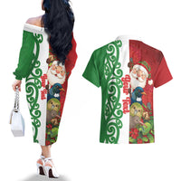 Meri Kirihimete New Zealand Personalised Couples Matching Off The Shoulder Long Sleeve Dress and Hawaiian Shirt Cute Santa NZ Animals and Pohutukawa LT14 - Polynesian Pride