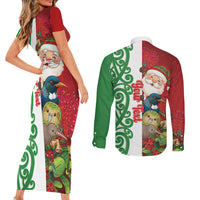 Meri Kirihimete New Zealand Personalised Couples Matching Short Sleeve Bodycon Dress and Long Sleeve Button Shirt Cute Santa NZ Animals and Pohutukawa LT14 - Polynesian Pride