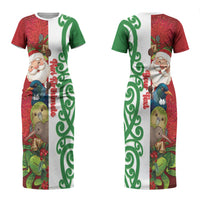 Meri Kirihimete New Zealand Personalised Couples Matching Short Sleeve Bodycon Dress and Long Sleeve Button Shirt Cute Santa NZ Animals and Pohutukawa LT14 - Polynesian Pride