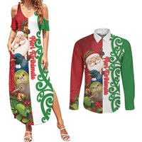Meri Kirihimete New Zealand Personalised Couples Matching Summer Maxi Dress and Long Sleeve Button Shirt Cute Santa NZ Animals and Pohutukawa LT14 Red - Polynesian Pride