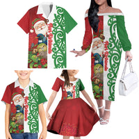 Meri Kirihimete New Zealand Personalised Family Matching Off The Shoulder Long Sleeve Dress and Hawaiian Shirt Cute Santa NZ Animals and Pohutukawa LT14 - Polynesian Pride