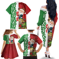 Meri Kirihimete New Zealand Personalised Family Matching Off The Shoulder Long Sleeve Dress and Hawaiian Shirt Cute Santa NZ Animals and Pohutukawa LT14 - Polynesian Pride