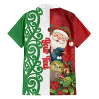 Meri Kirihimete New Zealand Personalised Family Matching Off Shoulder Maxi Dress and Hawaiian Shirt Cute Santa NZ Animals and Pohutukawa LT14 Dad's Shirt - Long Sleeve Red - Polynesian Pride