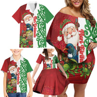 Meri Kirihimete New Zealand Personalised Family Matching Off Shoulder Short Dress and Hawaiian Shirt Cute Santa NZ Animals and Pohutukawa LT14 - Polynesian Pride