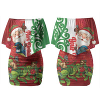 Meri Kirihimete New Zealand Personalised Family Matching Off Shoulder Short Dress and Hawaiian Shirt Cute Santa NZ Animals and Pohutukawa LT14 Mom's Dress Red - Polynesian Pride