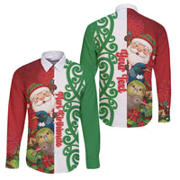 Meri Kirihimete New Zealand Personalised Family Matching Off Shoulder Short Dress and Hawaiian Shirt Cute Santa NZ Animals and Pohutukawa LT14 Dad's Shirt - Long Sleeve Red - Polynesian Pride