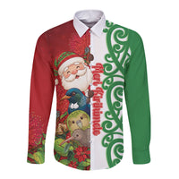 Meri Kirihimete New Zealand Personalised Long Sleeve Button Shirt Cute Santa NZ Animals and Pohutukawa