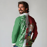 Meri Kirihimete New Zealand Personalised Long Sleeve Polo Shirt Cute Santa NZ Animals and Pohutukawa LT14 - Polynesian Pride