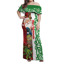 Meri Kirihimete New Zealand Personalised Off Shoulder Maxi Dress Cute Santa NZ Animals and Pohutukawa LT14 Women Red - Polynesian Pride