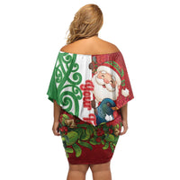 Meri Kirihimete New Zealand Personalised Off Shoulder Short Dress Cute Santa NZ Animals and Pohutukawa LT14 - Polynesian Pride