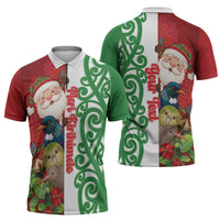 Meri Kirihimete New Zealand Personalised Zipper Polo Shirt Cute Santa NZ Animals and Pohutukawa LT14 - Polynesian Pride