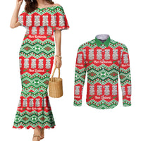 New Zealand Christmas In July Couples Matching Mermaid Dress and Long Sleeve Button Shirt Meri Kirihimete Hei Tiki Taniko Motifs Seamless LT14 Red - Polynesian Pride