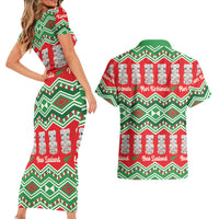 New Zealand Christmas In July Couples Matching Short Sleeve Bodycon Dress and Hawaiian Shirt Meri Kirihimete Hei Tiki Taniko Motifs Seamless LT14 - Polynesian Pride